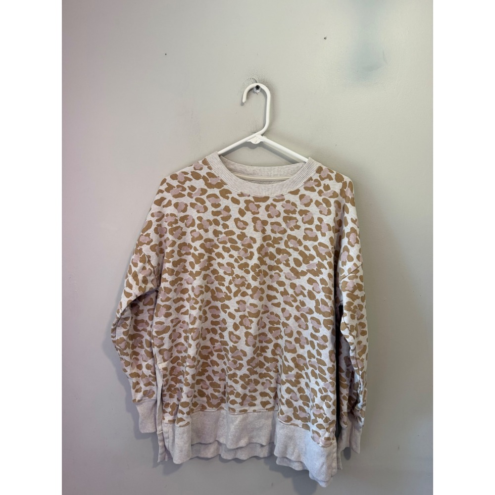 Aerie Leopard Print Crewneck Sweatshirt Tan Pink Oversized Side Slit Medium
